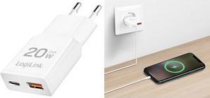 LogiLink USB-Steckdosenadapter, 1x USB-C (PD), 1x USB-A (QC) weiß, 20 Watt, Eurostecker (PA0346)