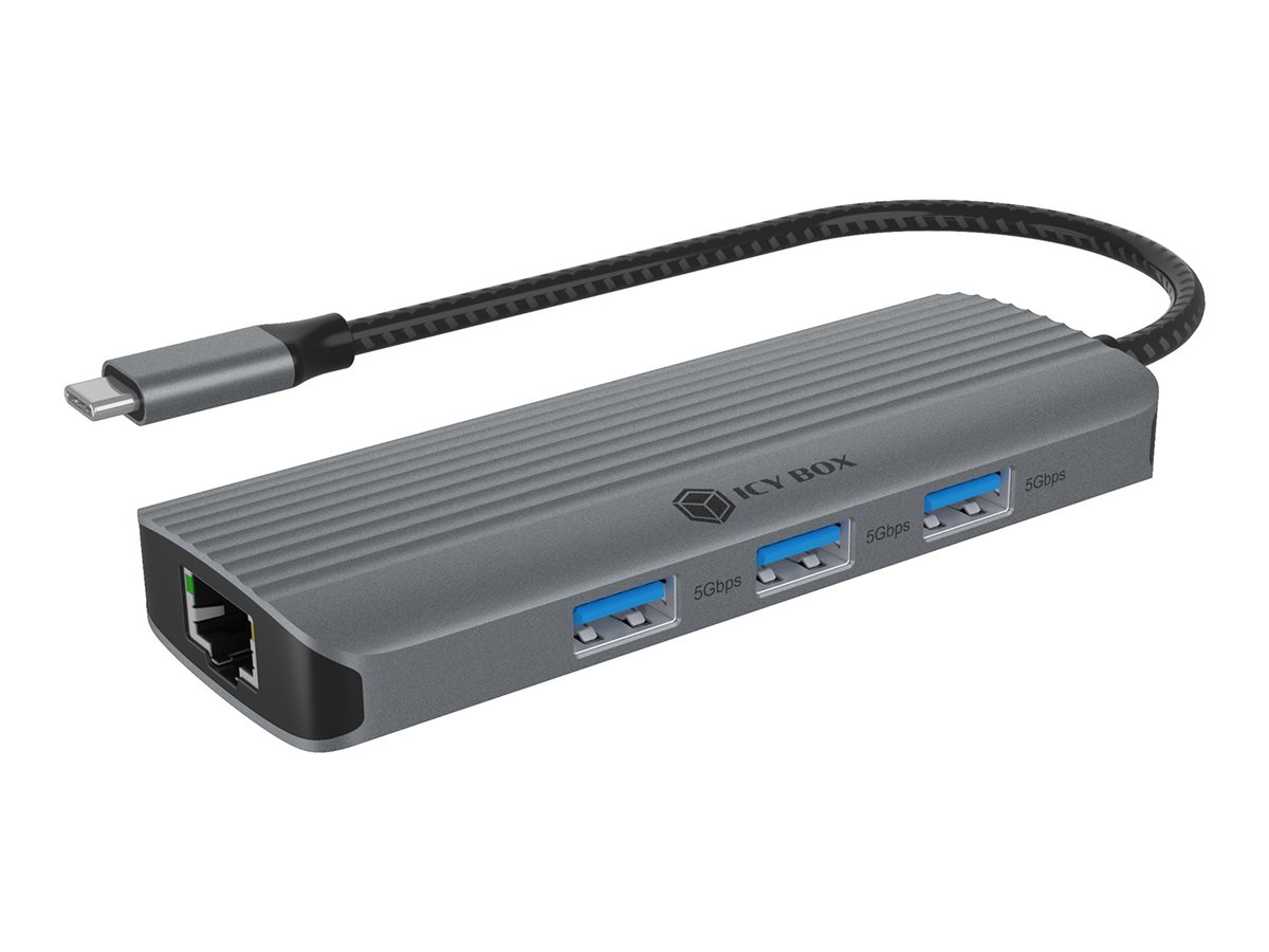 ICY BOX IB-DK4034a-CPD Dockingstation 6-in-1 USB-C HDMI 4K@60Hz 3× USB-A RJ45 100W PD Schwarz/Silber