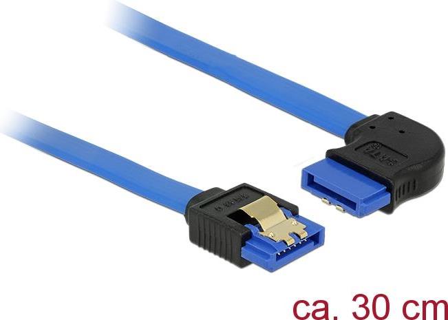 DELOCK Kabel SATA 6 Gb/s Buchse gerade > SATA Buchse rechts gewinkelt 30cm blau mit Goldclips