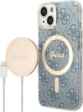 GUESS Hard Case 4G Print MagSafe Cover + Charger Blue/Gold, für iPhone 14 Plus, GUBPP14MH4EACSB (GUB