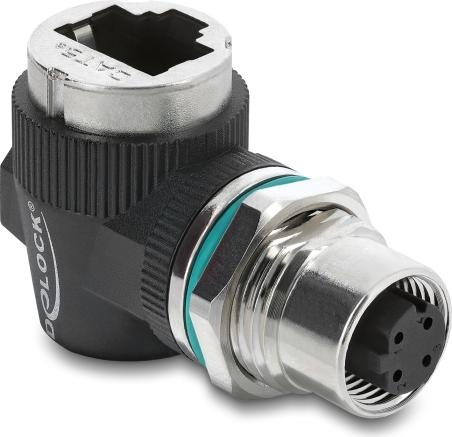 Delock M12 Adapter D-kodiert 4 Pin Buchse zu RJ45 Buchse zum Einbau rund 90° gewinkelt (90665)
