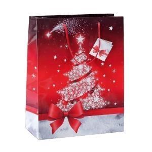 sigel Weihnachts-Geschenktüte "Sparkling Tree", groß Geschenktasche mit Glanzlackierung und Geschenkanhänger, - 5 Stück (GT022)