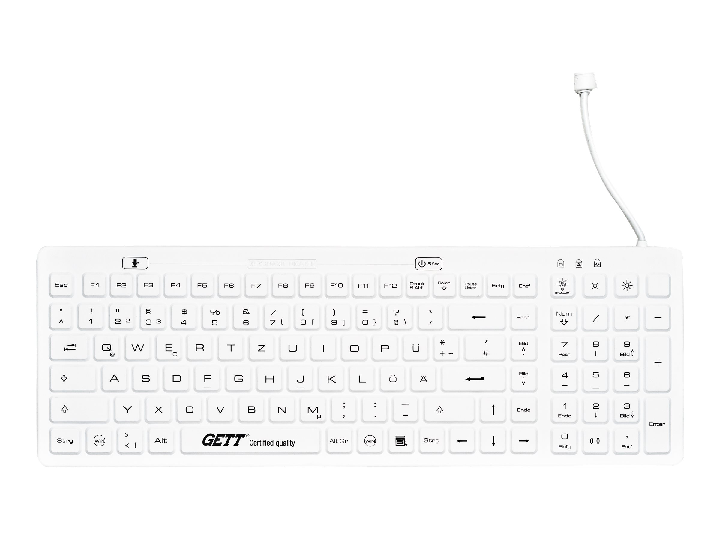 GETT Medizintastatur Silikon IP68 Beleuchtet USB Deutsch 110 Tasten Weiß