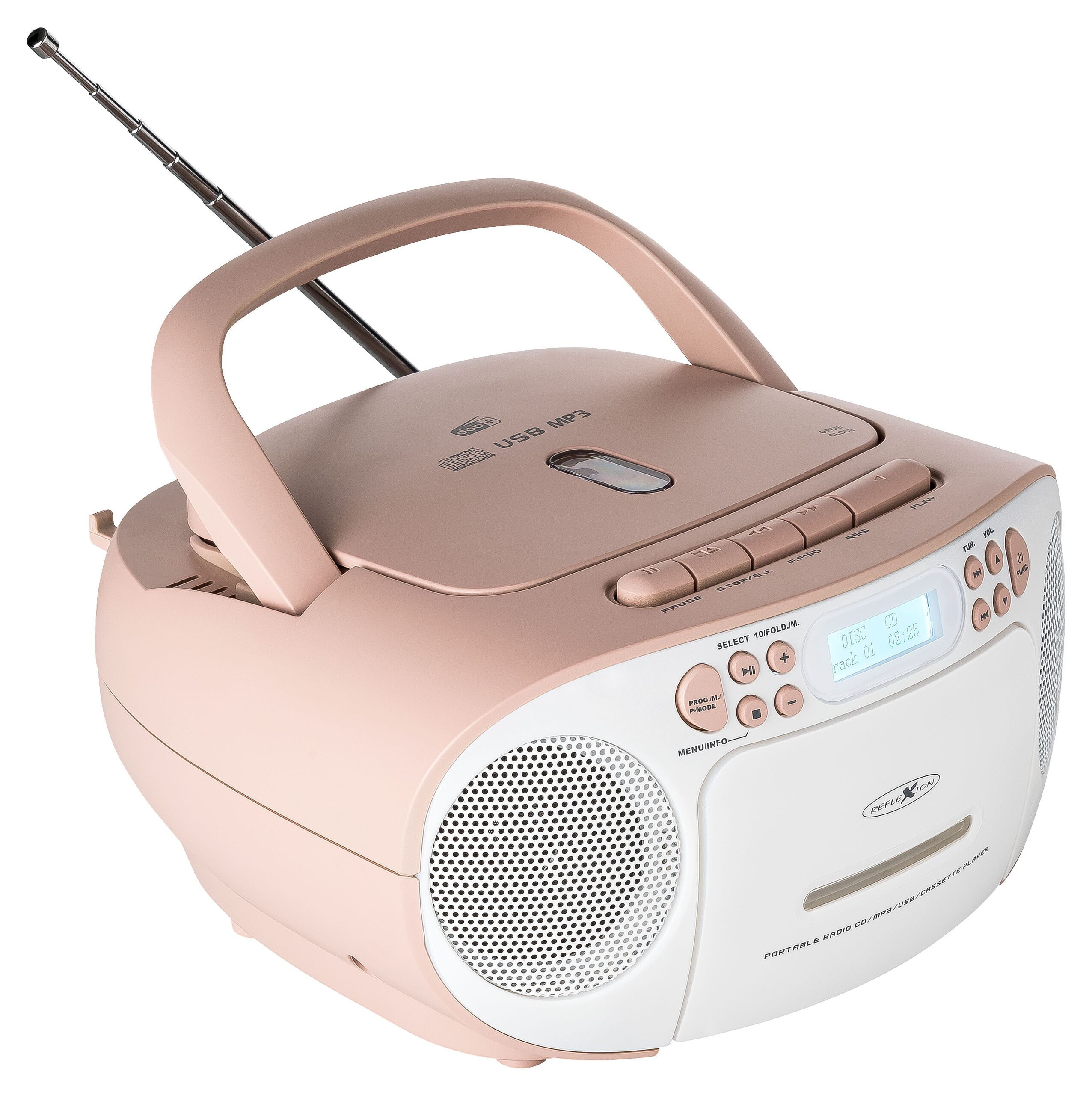 Reflexion RCR2260DAB Tragbarer Radiorecorder DAB+ UKW CD Kassette USB Pink, Weiß