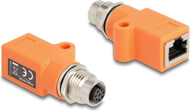 Delock M12 Adapter A-kodiert 8 Pin Buchse zu RJ45 Buchse Cat.5e mit Befestigungsloch gerade orange (60618)