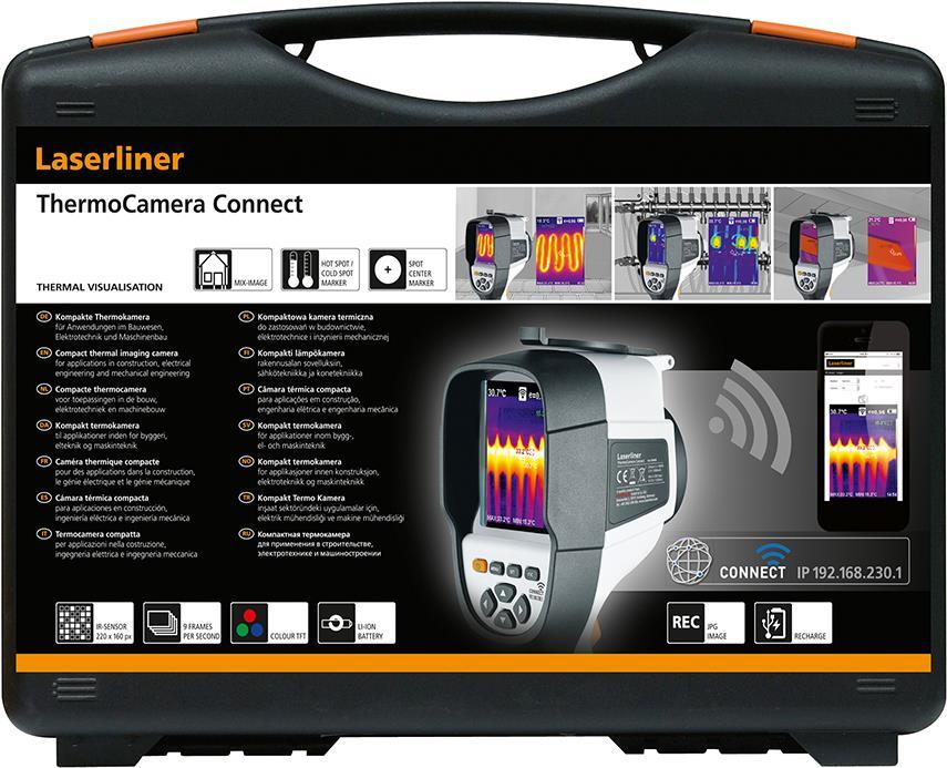 Laserliner ThermoCamera Connect. Temperaturmesseinheit: °C, Temperaturmessbereich: -20 - 350 °C, Produktfarbe: Schwarz, Weiß. Bildschirmdiagonale: 8,13 cm (3.2" ), Anzeigen-Formfaktor: Rechteckig. Akku-/Batterietyp: Eingebaut, Batteriespannung: 3,5 V. Breite: 105 mm, Tiefe: 90 mm, Höhe: 223 mm (082.086A)