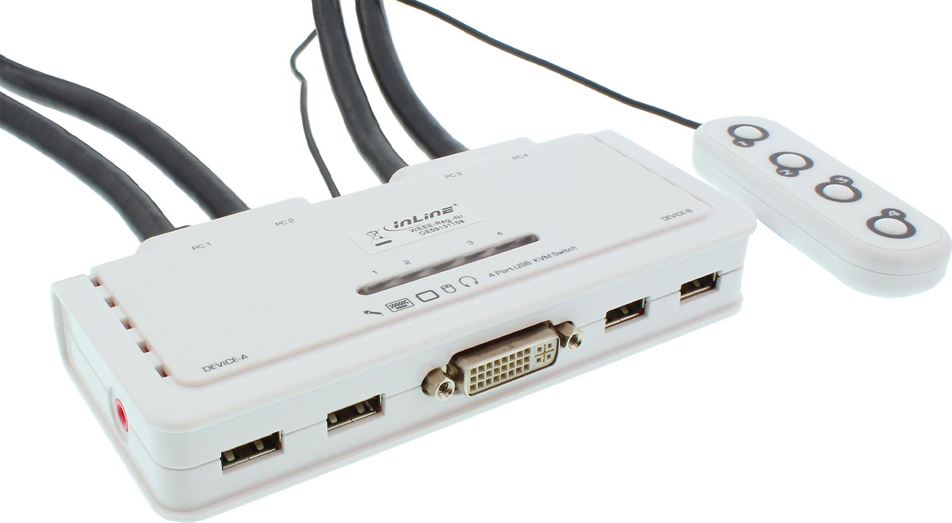 InLine KVM-Switch, 4-fach, DVI-D, USB 2.0, mit Audio und integrierten Kabeln, Weiß