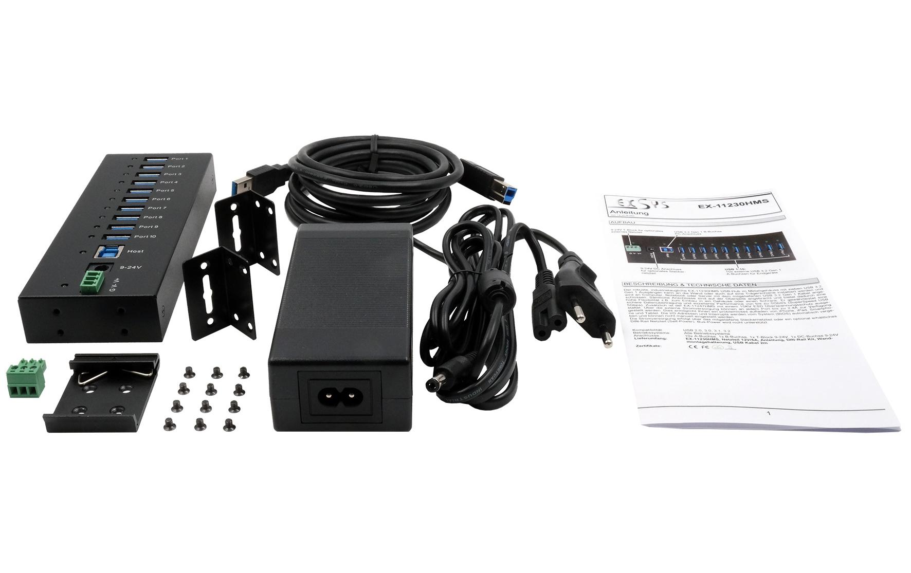 Exsys EX-11230HMS 10-Port USB 3.2 Gen 1 Hub Schwarz