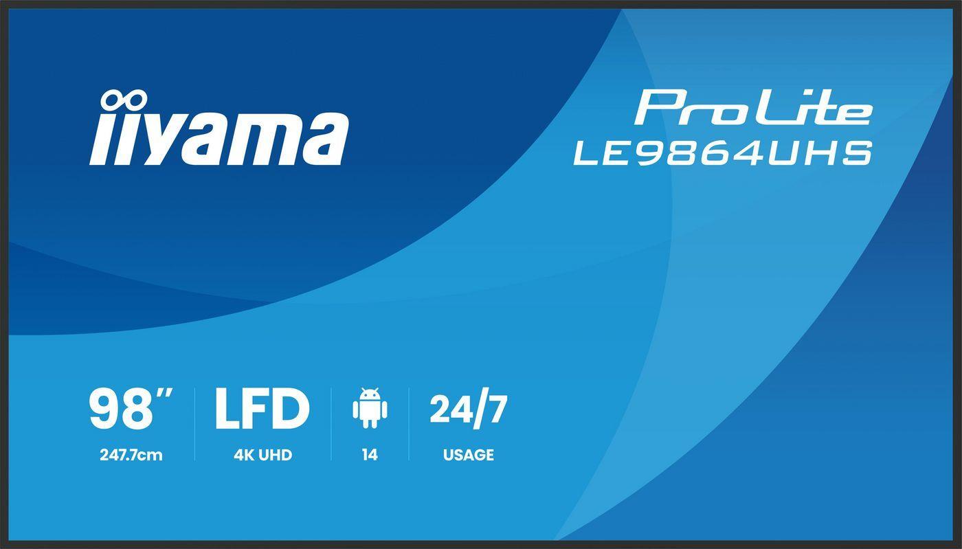 iiyama ProLite LE9864UHS-B1AG, 24/7, 247,7cm (98''), 4K, USB, USB-C, RS232, Ethernet, WLAN, Android, Kit (RS232) TFT Monitor, 16:9, Bildschirmdiagonale: 247,7 cm (98''), Auflösung: 3840x2160 Pixel, Lautsprecher, Reaktionszeit: 6,5ms, Helligkeit 500cd, Blickwinkel 178/178°(H/V), Kontrast: 5000:1, Antiglare, Anschluß: USB, USB-C, RS232, Ethernet, WLAN, Audio, HDMI, RAM: 4GB, Flash: 32 GB, OS: Android (14), inkl.: Kabel (RS232, HDMI), Netzteil, Netzkabel, Fernbedienung, Wandmontage Kit, QSG (LE9864UHS-B1AG)