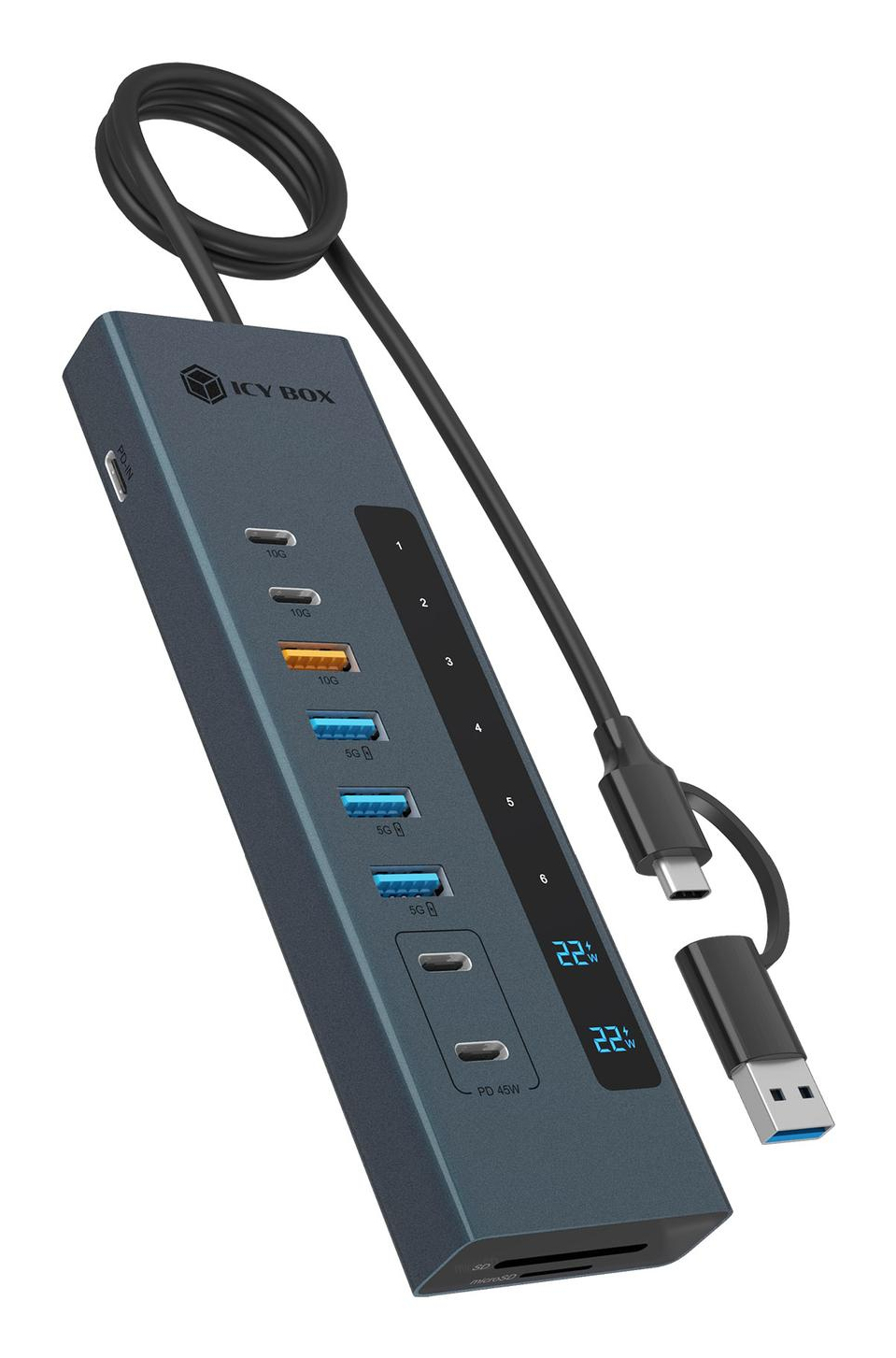 ICY BOX IB-HUB1742CR-C2PD USB 3.2 Gen 2 Hub mit PD und Kartenleser Schwarz