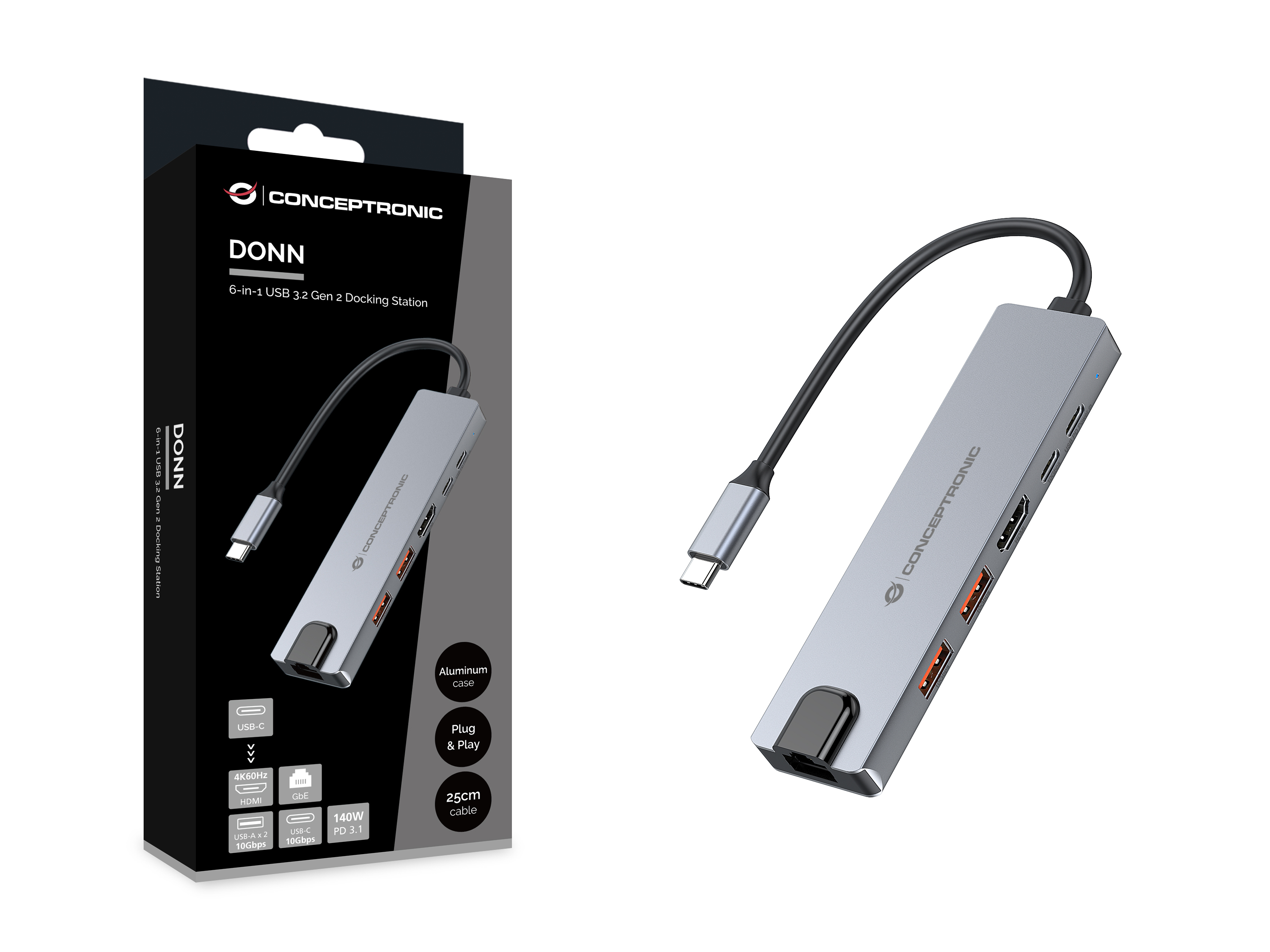 Conceptronic DONN29G 6-in-1 Dockingstation HDMI 4K60Hz 140W Grau