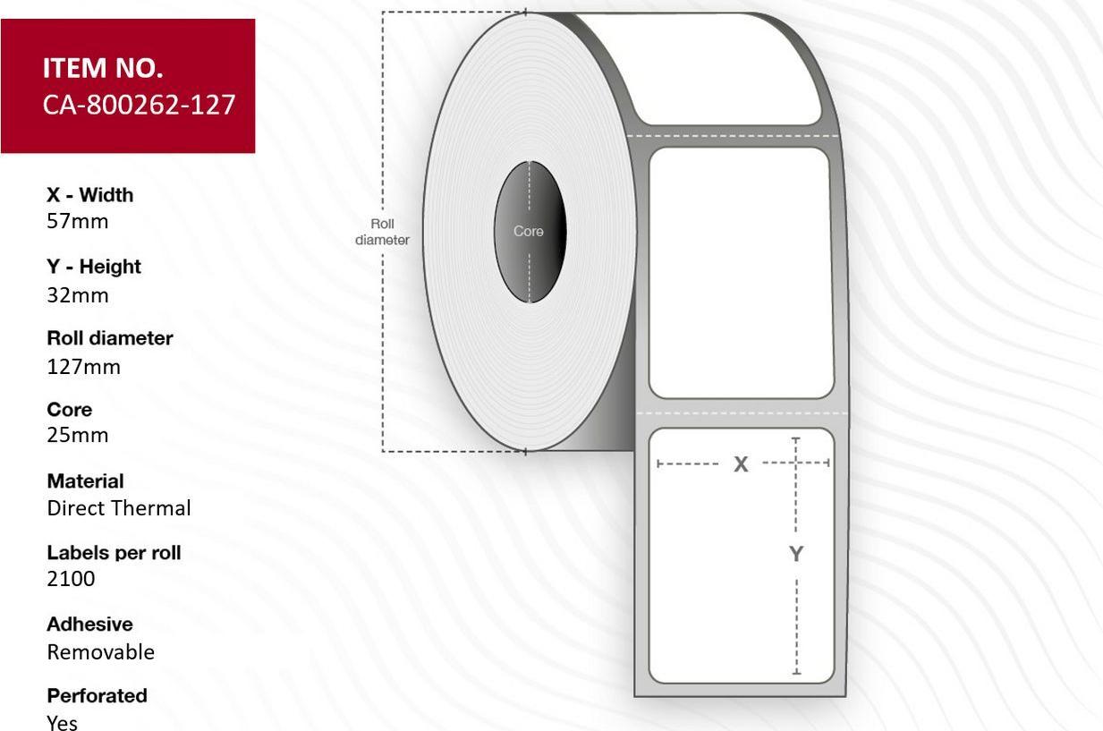 Capture Label 57 x 32mm, Core 25mm, Removable, Perforated, 2100 labels per roll, 12 rolls per box (CA-800262-127)
