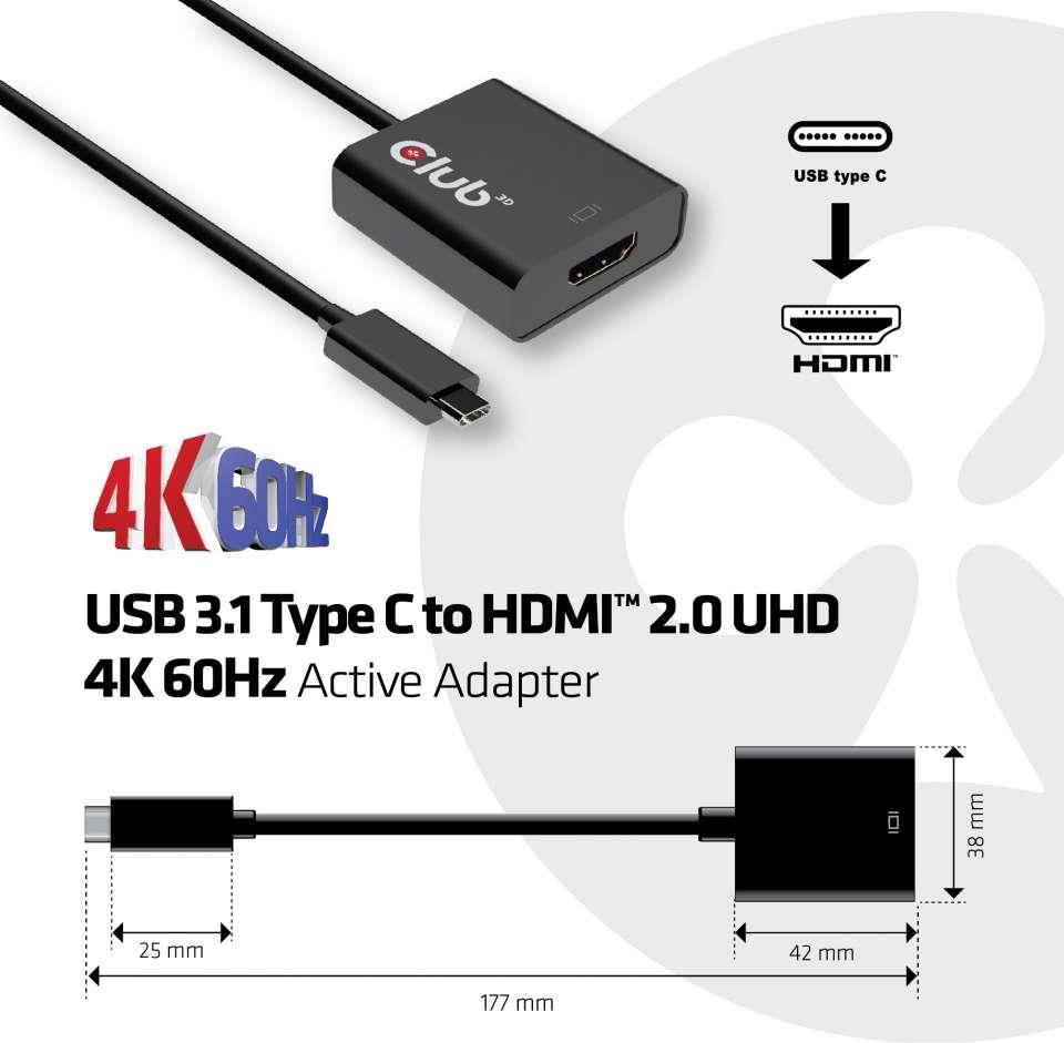 Club 3D CAC-2504 USB 3.1 Typ-C auf HDMI 2.0 UHD 4K 60 Hz Aktiver Adapter Schwarz