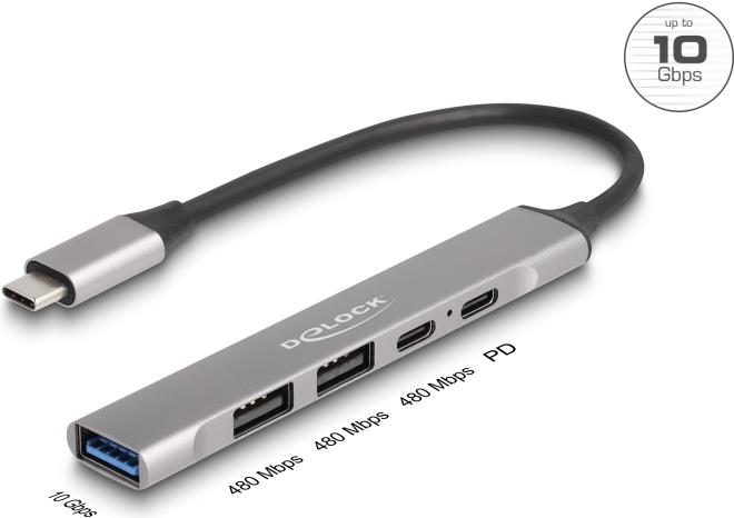 Delock 4 Port Slim USB Type-C™ Hub mit 1 x USB 10 Gbps Typ-A + 2 x USB 2.0 Typ-A + 1 x USB 2.0 USB Type-C™ und PD 95 W (64298)