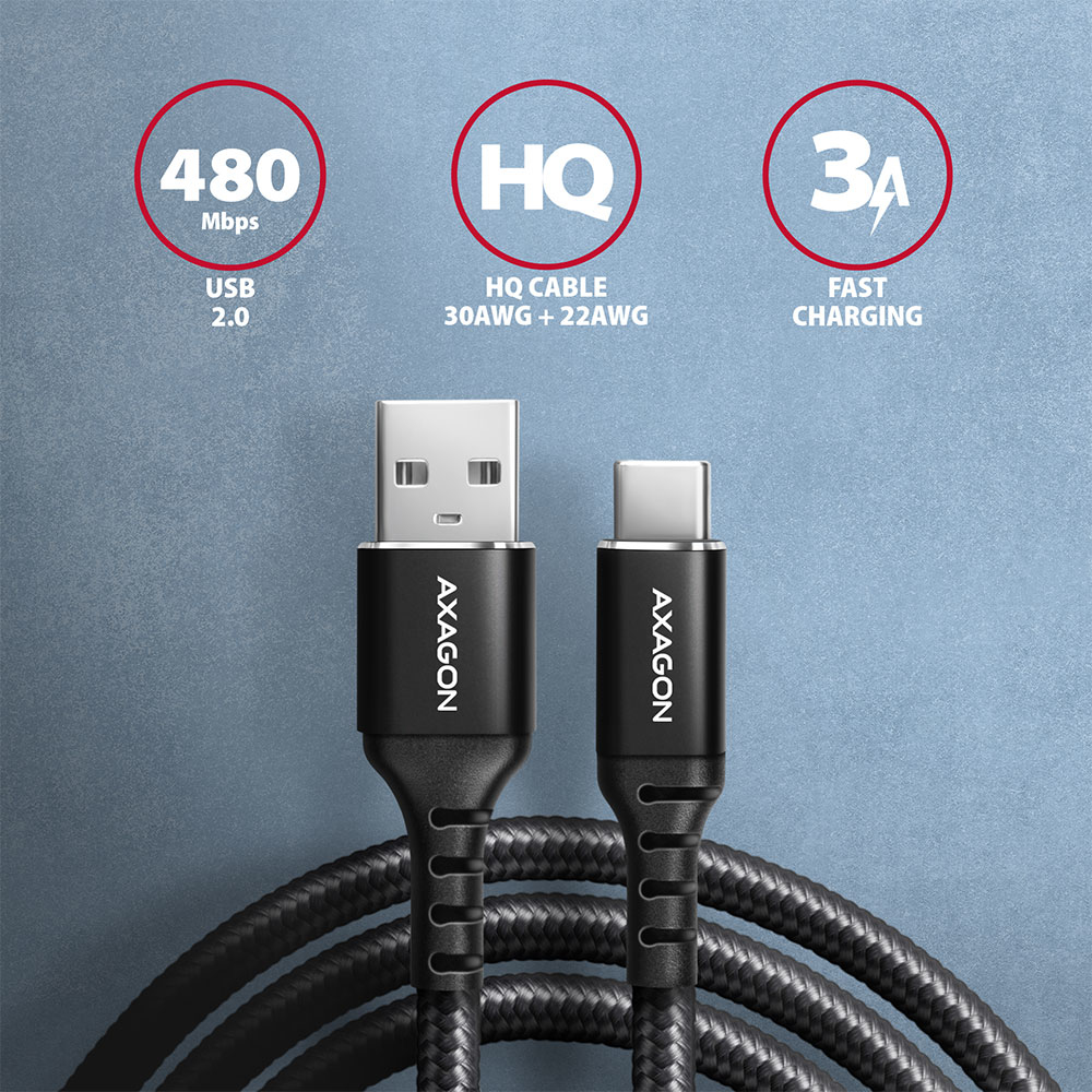 AXAGON BUCM-AM20AB USB-C auf USB-A Kabel, 2 m, USB 2.0, 3 A, USB PD 60 W, Schwarz