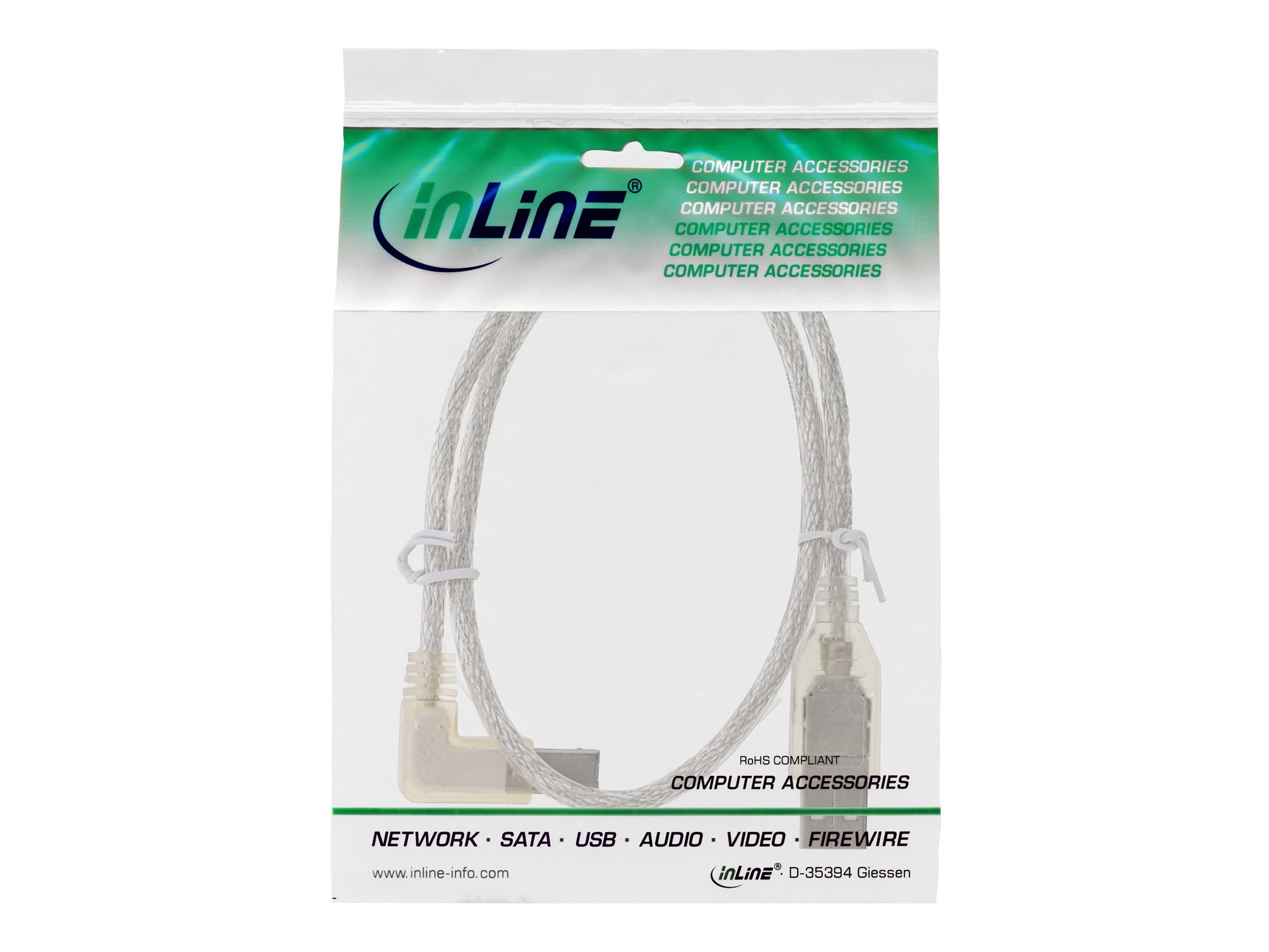 InLine USB 2.0 Kabel USB A auf USB B Links Abgewinkelt 30 cm Transparent