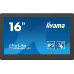 iiyama ProLite T1624MSC-B1, 39,6cm (15.6"), Projected Capacitive, 10 TP, Full HD, USB, Kit (USB), schwarz Touchmonitor (rahmenlos, 16:9), Bildschirmdiagonale: 39,6 cm (15.6"), Touchscreen, Projected Capacitive, Multi Touch (10 Punkte), 1920x1080 Pixel, VESA Mount (100x100 mm), Reaktionszeit: 25ms, Helligkeit 385cd, Kontrast: 800:1, USB (2x), HDMI, Touchinterface: USB, inkl.: Kabel (USB, HDMI), Netzteil, Netzkabel, QSG, Farbe: schwarz (T1624MSC-B1)