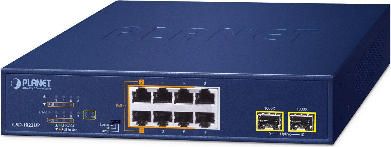 PLANET 2-Port 10/100/1000T 802.3bt Unmanaged Gigabit Ethernet (10/100/1000) Power over Ethernet (PoE) Blau (GSD-1022UP) (B-Ware)