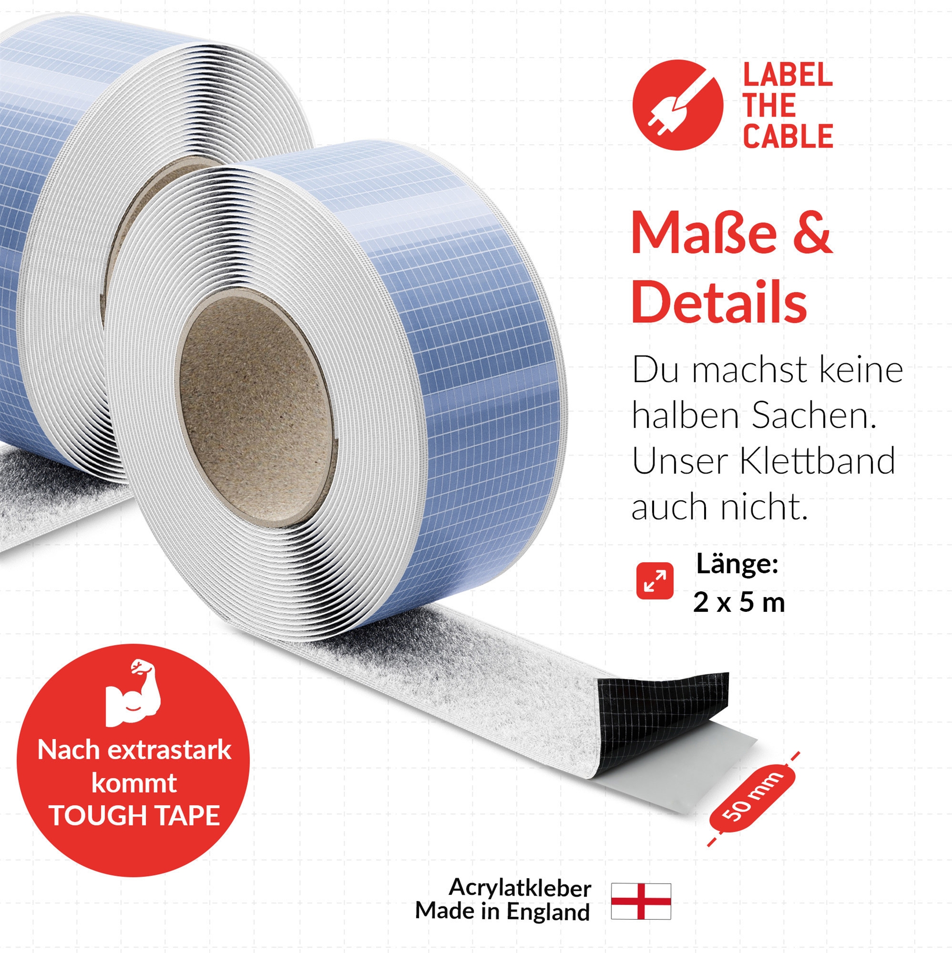 Label-The-Cable LTC Tough Tape Strap, Outdoor Klettbandrolle 50mm, weiß, 5m (LTC 1620-5-50)