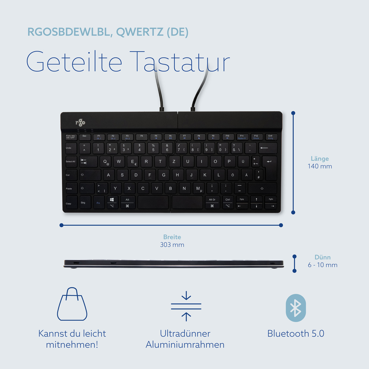 R-Go Tools Split Break Ergonomische Funk-Tastatur Bluetooth 5.0 QWERTZ Schwarz