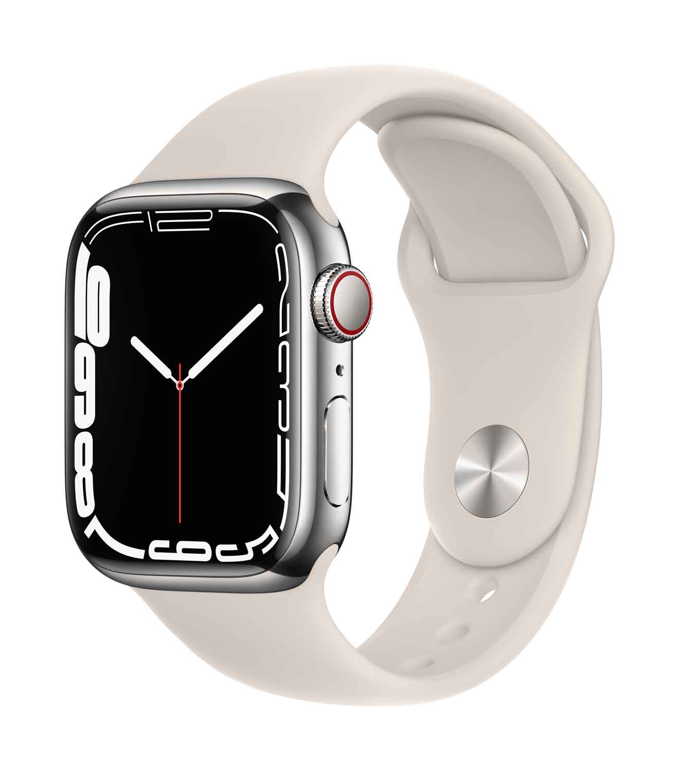 Apple Watch S7 Edelstahl 41mm Cellular Silber Sportarmband sternenlicht 41mm Edelstahlgehäuse Silber, Sportarmband sternenlicht. Armband 150-200 mm Umfang. (MKHW3FD/A)