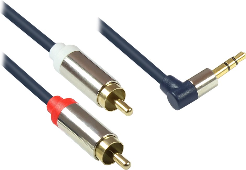 Audio Anschlusskabel High-Quality 3,5mm, Klinkenstecker rechts abgew. an 2x RCA Stecker, Vollmetallgehäuse, dunkelblau, 5m, Good Connections (GC-M0067)