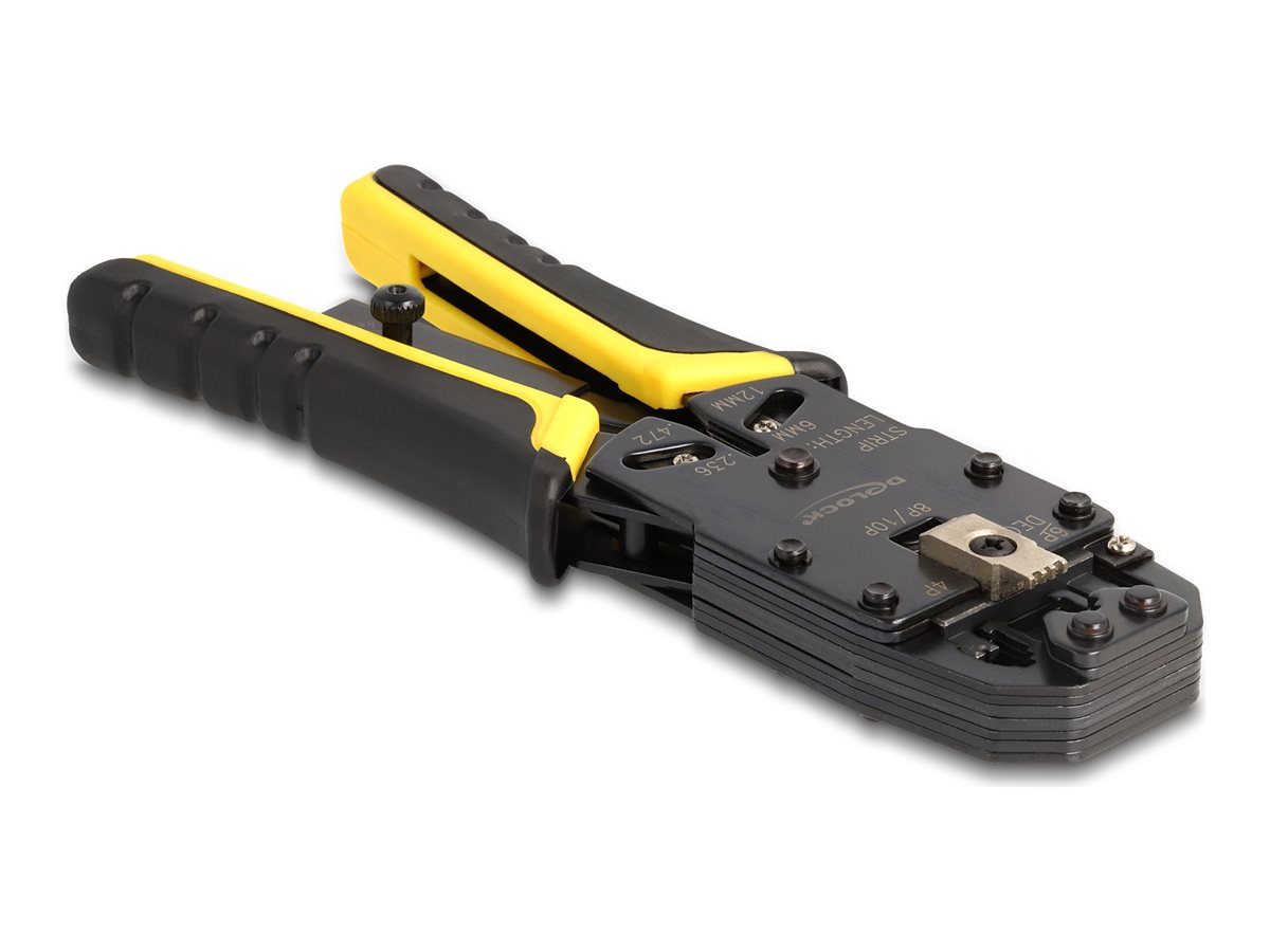 Delock Universal Crimpzange mit Abisolierer für RJ50 RJ45 RJ12 RJ11 und 4P Modular Stecker Schwarz, Gelb