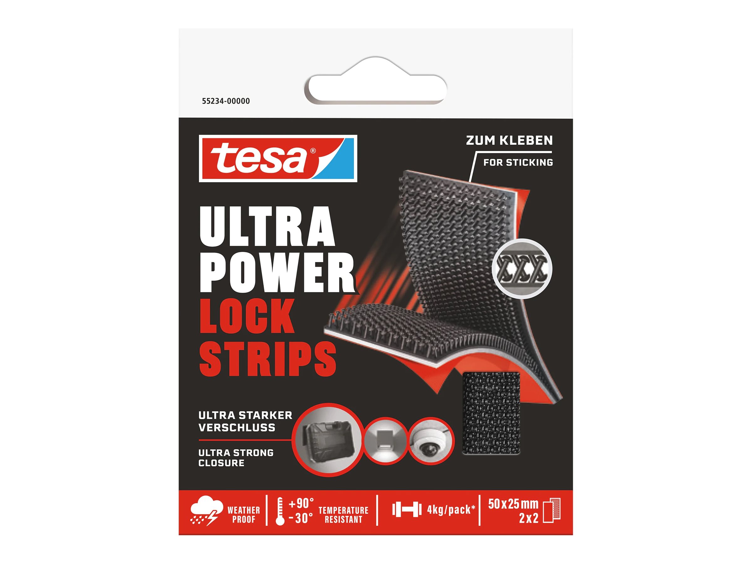 tesa Ultra Power Lock Tape Selbstklebendes Klettband 25 mm x 1 m 20 kg Haltekraft Schwarz/Rot