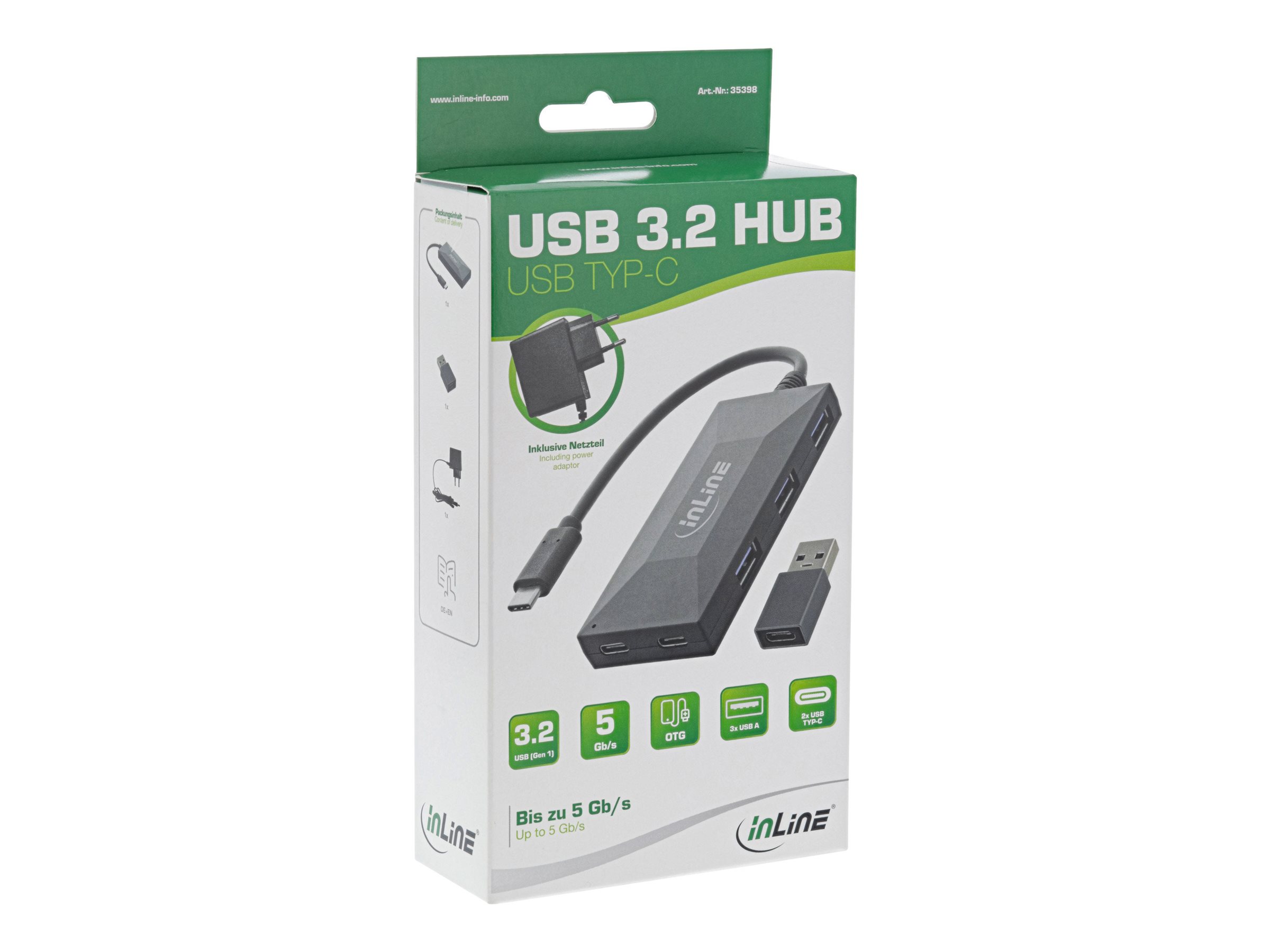 InLine OTG USB-Hub USB-C zu 3x USB-A und 2x USB-C, USB 3.2 Gen 1, mit Netzteil, Schwarz