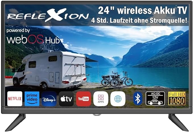 Reflexion LEDA24OSBT Smart LED Akku Fernseher powered by webOSHub, 60 cm/24 Zoll, Camping/Wohnmobil/Wohnwagen/Boot/LKW TV, USB Typ-C DC 12V Input, 230V, Full HD, Triple Tuner, Bluetooth, WLAN, Schwarz [Energieklasse E] (LEDA24OSBT)