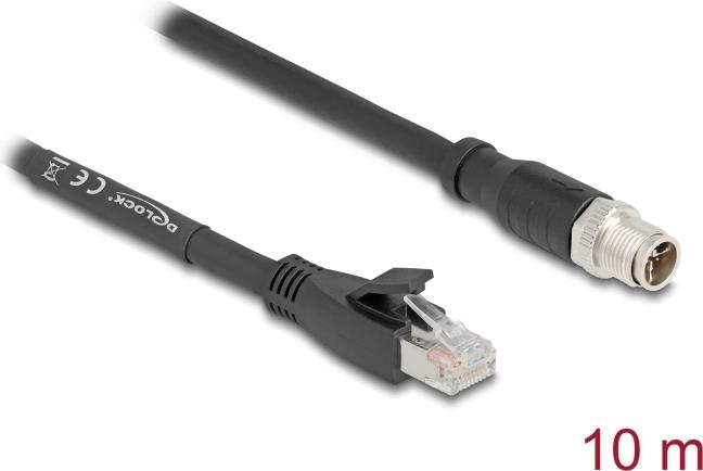 Delock M12 Kabel X-kodiert 8 Pin Stecker zu RJ45 Stecker Cat.5e S/FTP flexibel 10 m schwarz (80586)