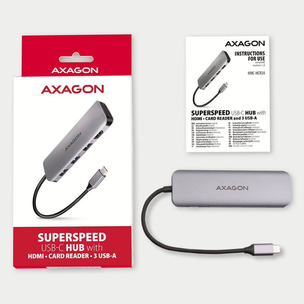 AXAGON USB-C-Hub HMC-HCR3A, 3x USB-A, HDMI, SD/microSD, USB-C 3.2 Gen 1, 20 cm Kabel, Grau