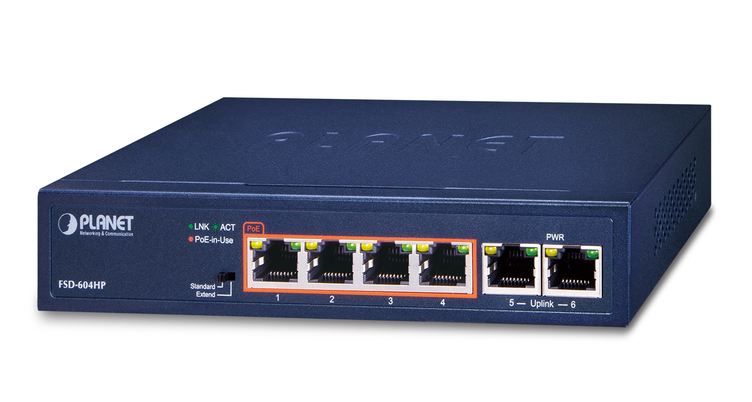 PLANET FSD-604HP-SD 4-Port Unmanaged Fast Ethernet PoE+ Switch Blau