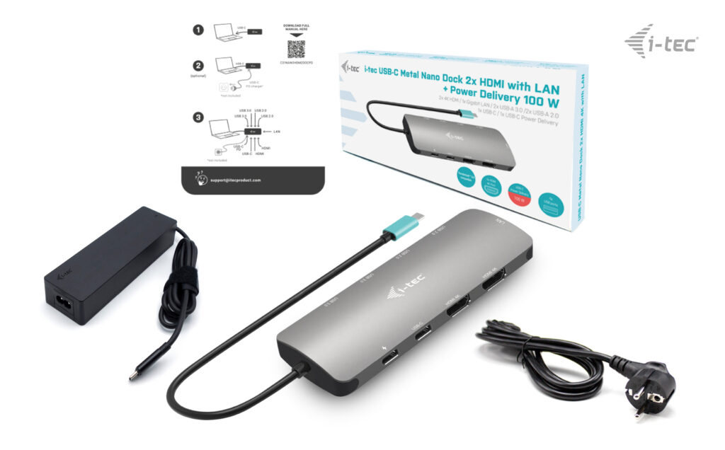 i-tec Nano Dock USB-C Dockingstation 2x HDMI Gigabit-Ethernet 100 W Power Delivery Grau