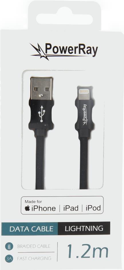 PowerRay Data Cable PR-DCUL120TBK, USB / LIGHTNING MFi, 1.2 m, Textile black, Blister (PR-DCUL120TBK)