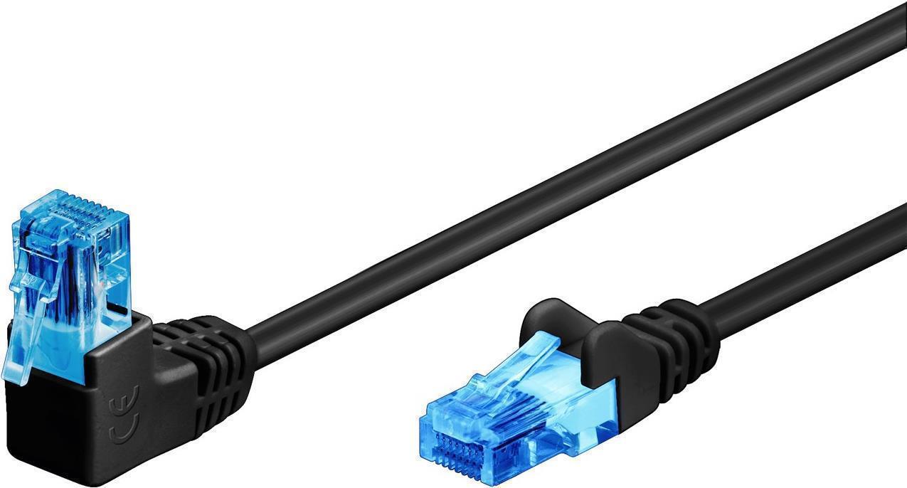 Goobay CAT 6A Patchkabel 1x 90° gewinkelt, U/UTP, Schwarz, 10 m - Rastnase oben, CCA Kupfergemisch (51533)