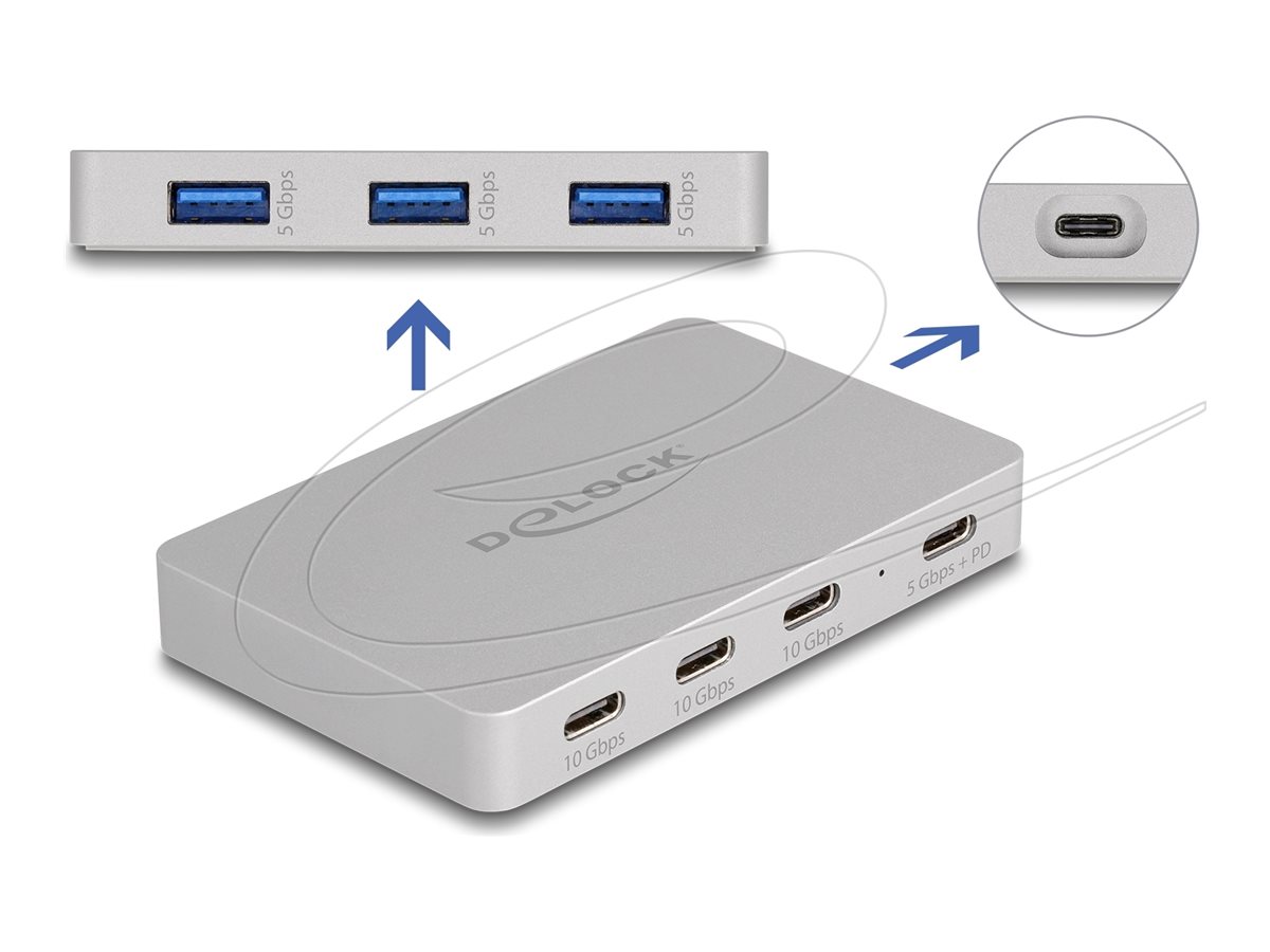 Delock 64279 7-Port USB-Hub 4x USB Type-C 3x USB Type-A PD 82 W Grau