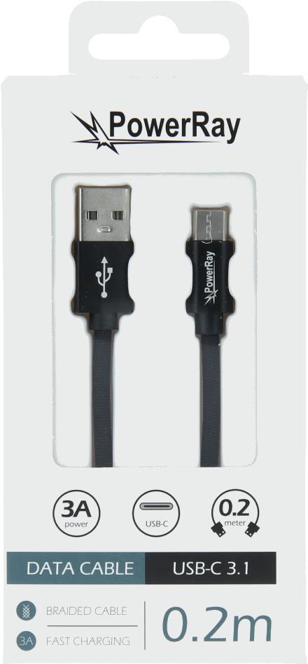 PowerRay Data Cable PR-DCUC020TBK, USB / USB-C, 0.2 m, Textile black, Blister (PR-DCUC020TBK)