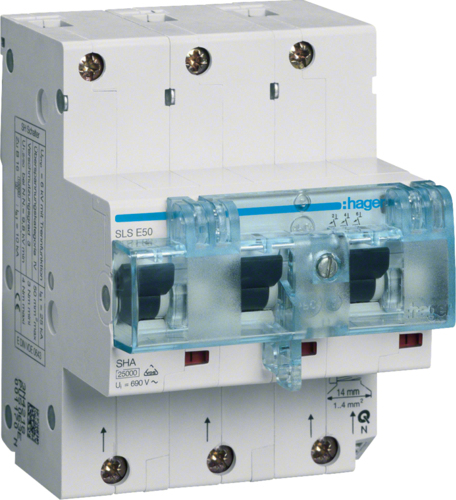 Hager HTN350E. Nennstrom: 50 A. Module Menge (max): 4,5 Modul(e). Breite: 85 mm, Tiefe: 81 mm, Höhe: 110 mm (HTN350E)