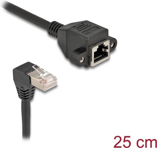 Delock Netzwerk Verlängerungskabel S/FTP Stecker RJ45 Stecker 90° gewinkelt zu RJ45 Einbaubuchse Cat.6A 0,25 m schwarz (80309)