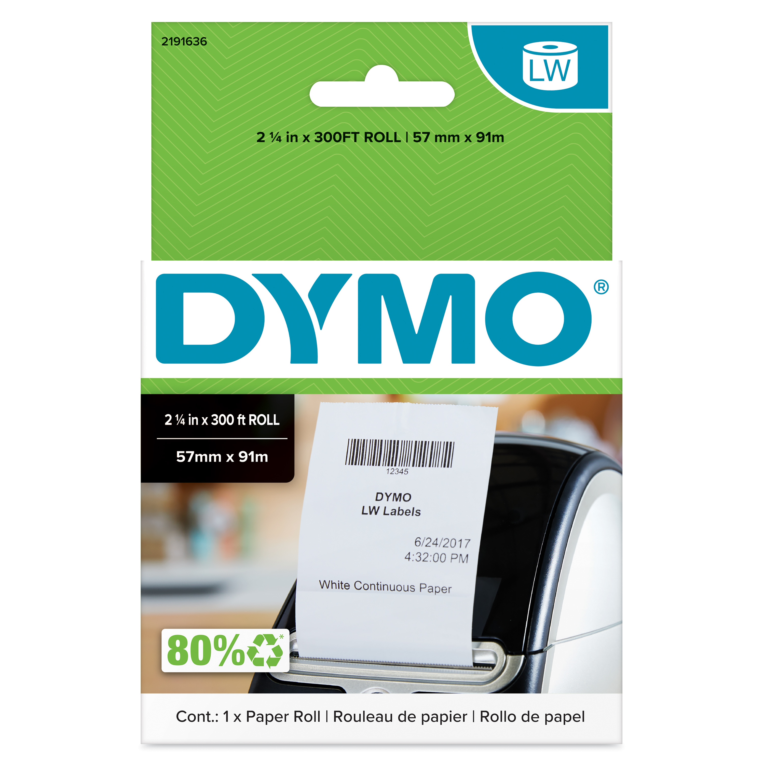 Dymo LabelWriter Endlos-Papierrolle 57 mm x 91 m, Thermodirektdruck, Nicht klebend, Weiß