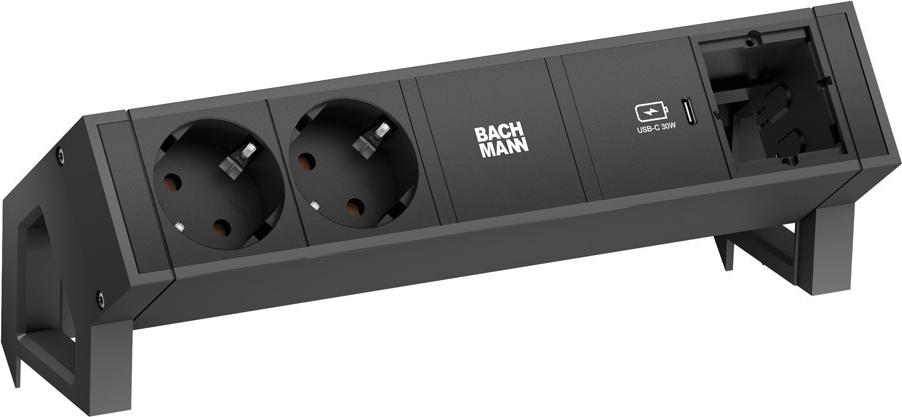 Bachmann DESK2 Steckdosenleiste Farbe schwarz, ähnlich RAL9005 mit erhöhtem Berührungsschutz 2xSchutzkontaktsteckdosen schwarz 1xUSB C 30W Charger 1xCustom Modul leer Zuleitung 0,2m H05VV-F3G1,5mm² schwarz mit GST18i3 Stecker inkl. Haltewinkel Logo verpac (902.966)