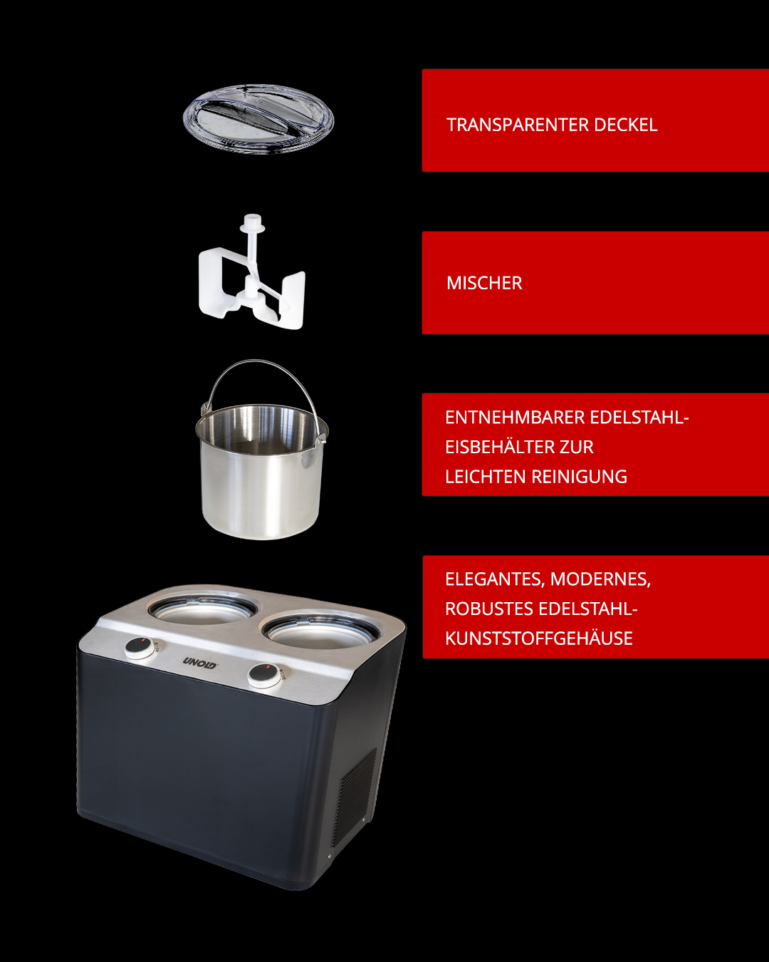 UNOLD Doppio nero 48835 Kompressor-Eismaschine 2,4 l Schwarz, Satinierter Stahl