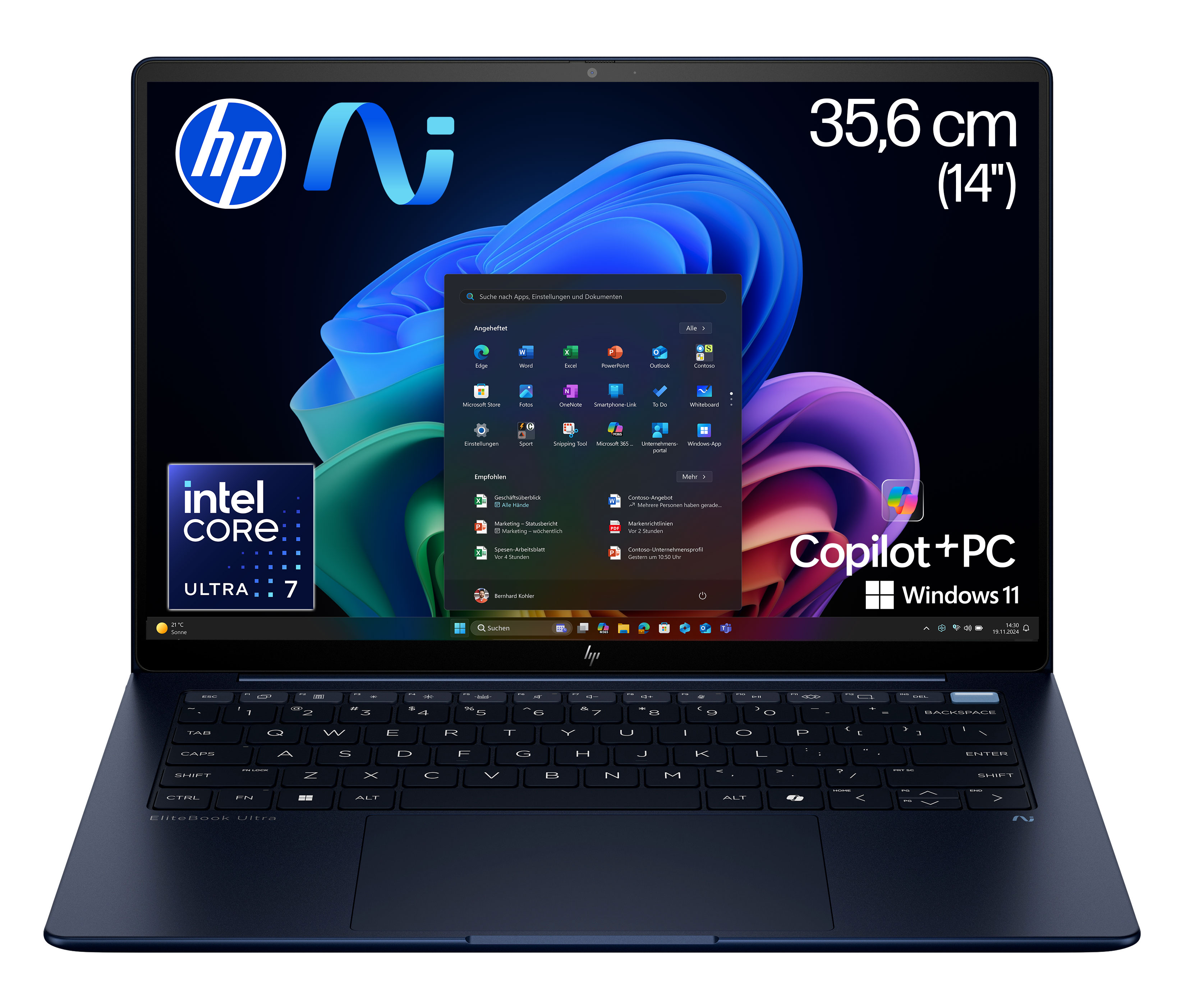 HP EliteBook Ultra G1i  KI Laptop Intel Core Ultra 7 258V 35,6 cm (14") Touchscreen 2.8K 32 GB LPDDR5x-SDRAM 1 TB SSD Windows 11 Pro Copilot+ PC Blau (B66THAT#ABD)