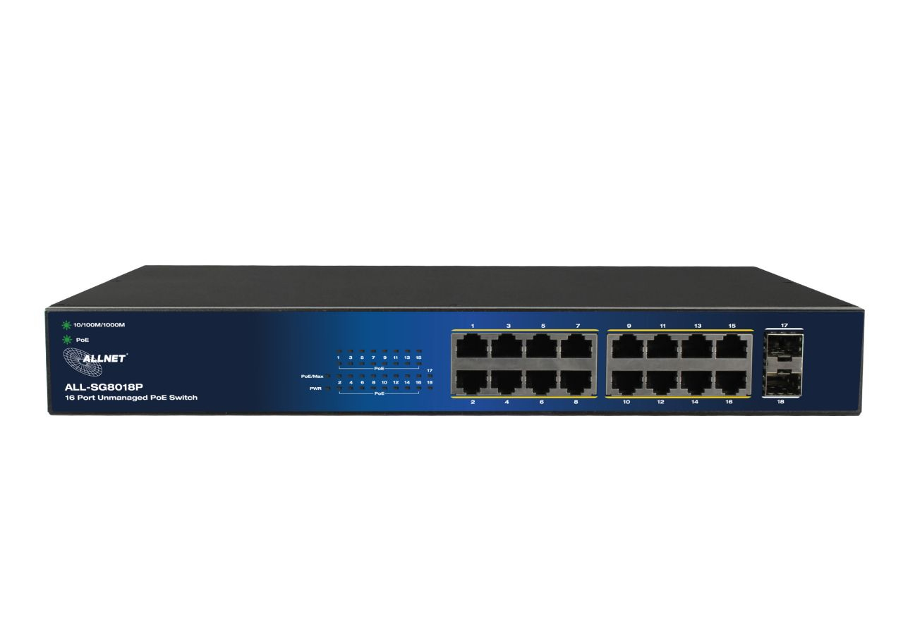 ALLNET ALL-SG8018P Unmanaged Layer2 Switch 18 Port 16× PoE+ 2× SFP 240 W PoE Budget 19" Rack Schwarz