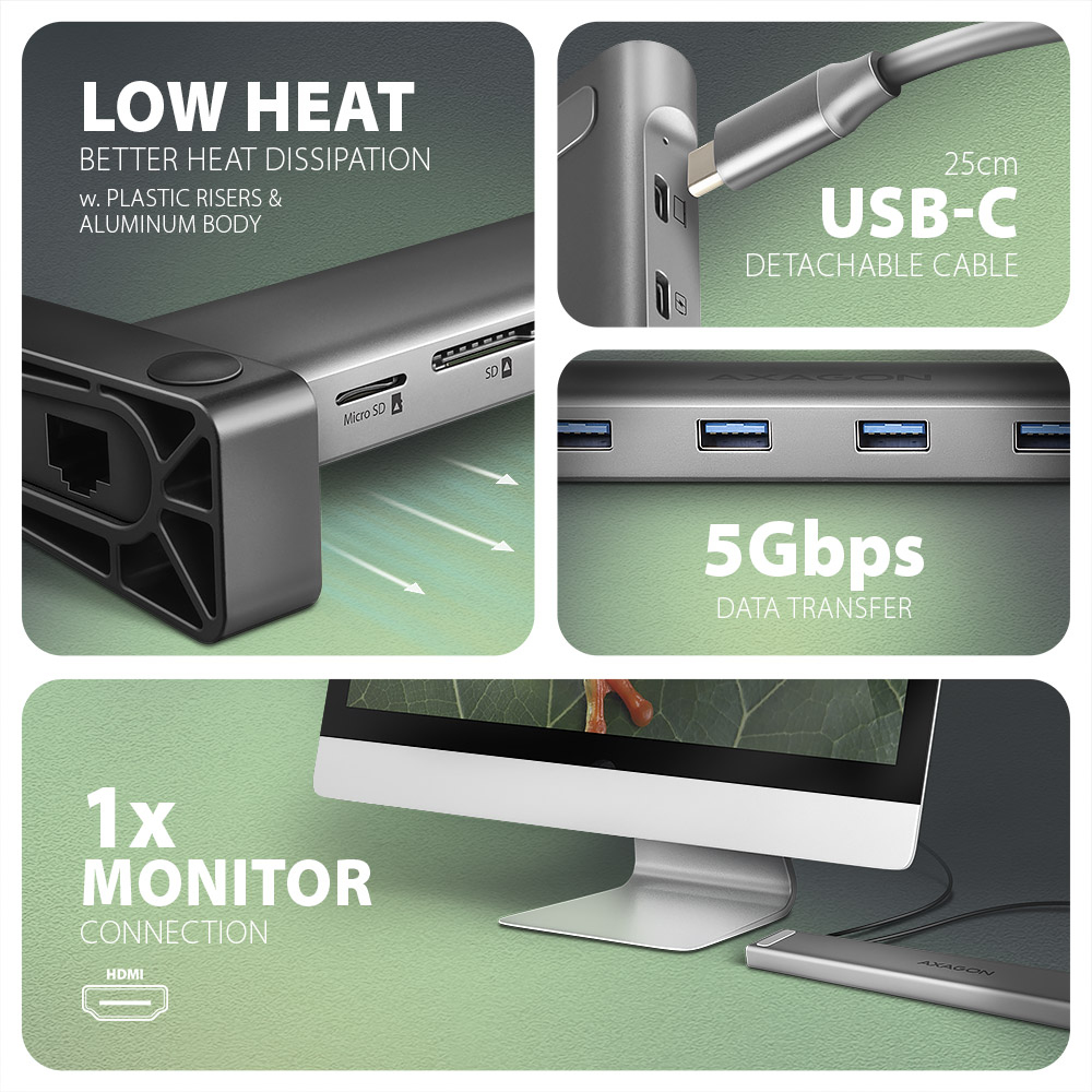 AXAGON HMC-10HLS Dockingstation HDMI 4K/60Hz RJ-45 100W PD Schwarz, Grau