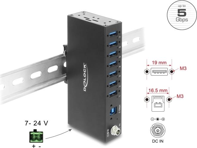 Delock Industrie Hub 7 x USB 5 Gbps Typ-A mit 8 kV ESD Schutz und Hutschienenbefestigung (60791)