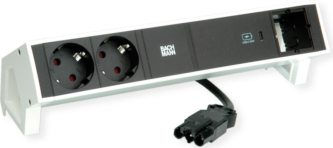 Bachmann DESK2 Steckdosenleiste Farbe weiss, ähnlich RAL9010 mit erhöhtem Berührungsschutz 2xSchutzkontaktsteckdosen schwarz 1xUSB C 60W Charger 1xCustom Modul leer Zuleitung 0,2m H05VV-F3G1,5mm² schwarz mit GST18i3 Stecker inkl. Haltewinkel Logo verpackt (902.937)