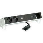 Bachmann DESK2 Steckdosenleiste Farbe weiss, ähnlich RAL9010 mit erhöhtem Berührungsschutz 2xSchutzkontaktsteckdosen schwarz 1xUSB C 60W Charger 1xCustom Modul leer Zuleitung 0,2m H05VV-F3G1,5mm² schwarz mit GST18i3 Stecker inkl. Haltewinkel Logo verpackt (902.937)