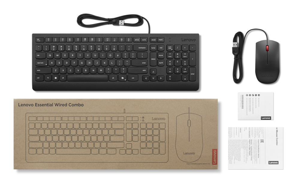 Lenovo Essential Wired Combo Tastatur-Maus-Set USB QWERTY US mit Euro-Symbol Schwarz
